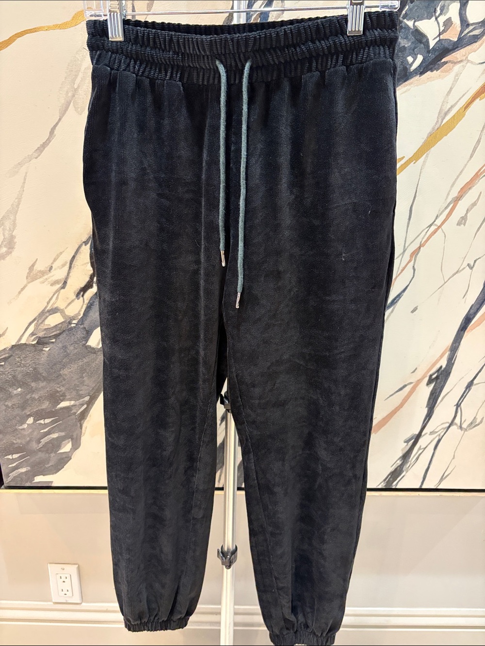 Cactus Black Velour Joggers with Teal Drawstring